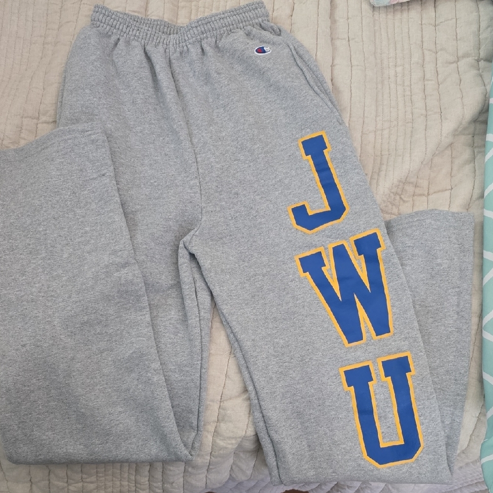Champion Gray Sweatpants with Blue and Yellow JWU Logo